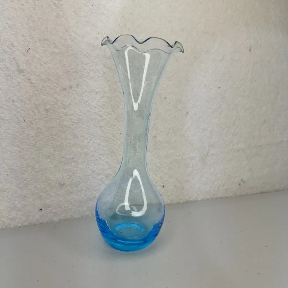 Handblown Blue Turquoise Glass Bud Vase Etched Flower Ruffled Edge Rounded Base
